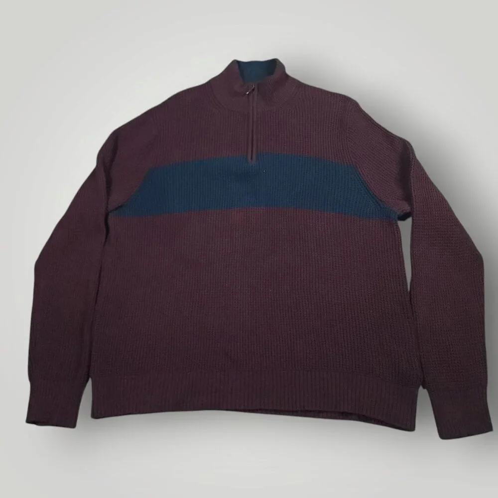 J Crew Sweater Mens XL Cotton Half Zip Waffle Knit Mock Neck Pullover Burgundy